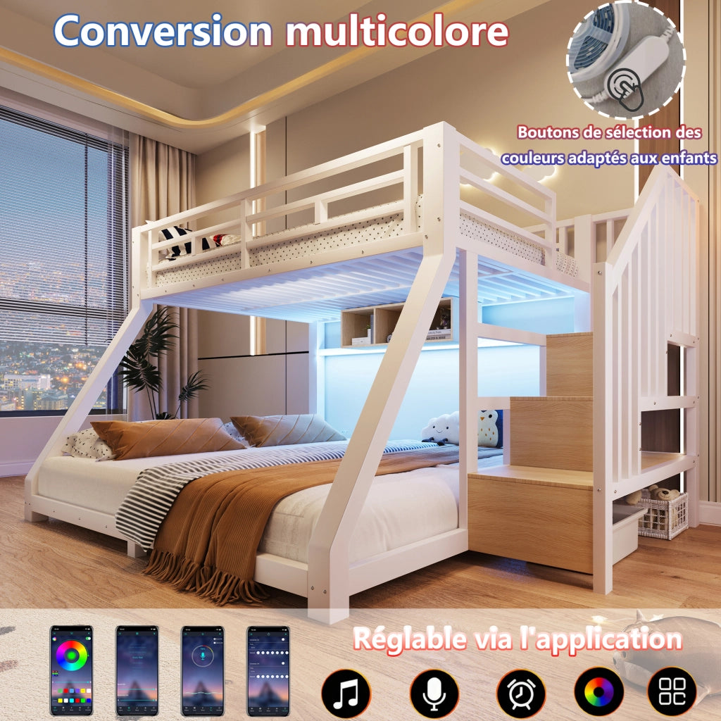 Letto a castello in metallo 90x200/140x200 cm con scala contenitore; 3 vani; LED e certificazione EN747; bianco