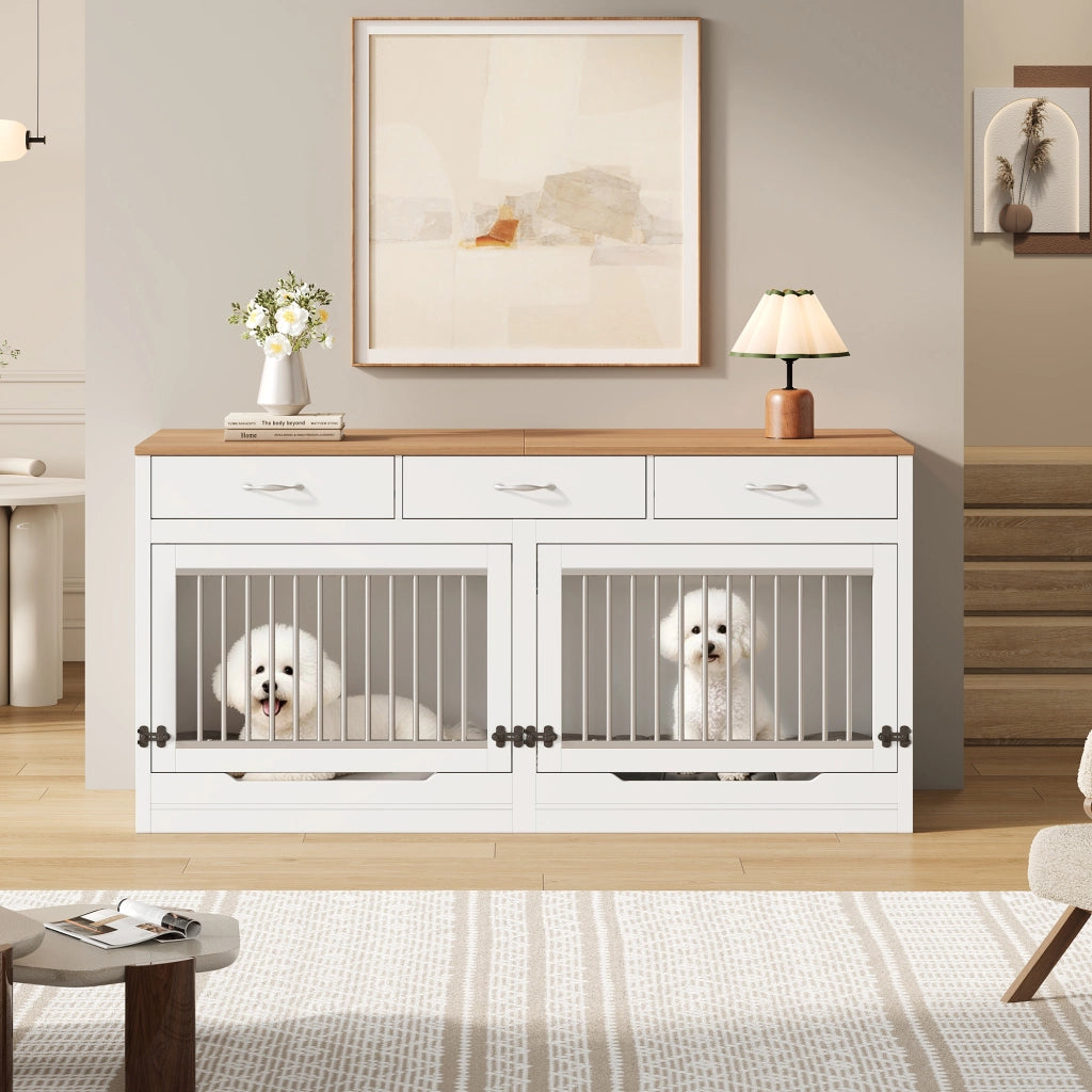 Cassa per cani in legno e metallo con 3 cassetti, porta ribaltabile e divisorio removibile, 164×60×81 cm