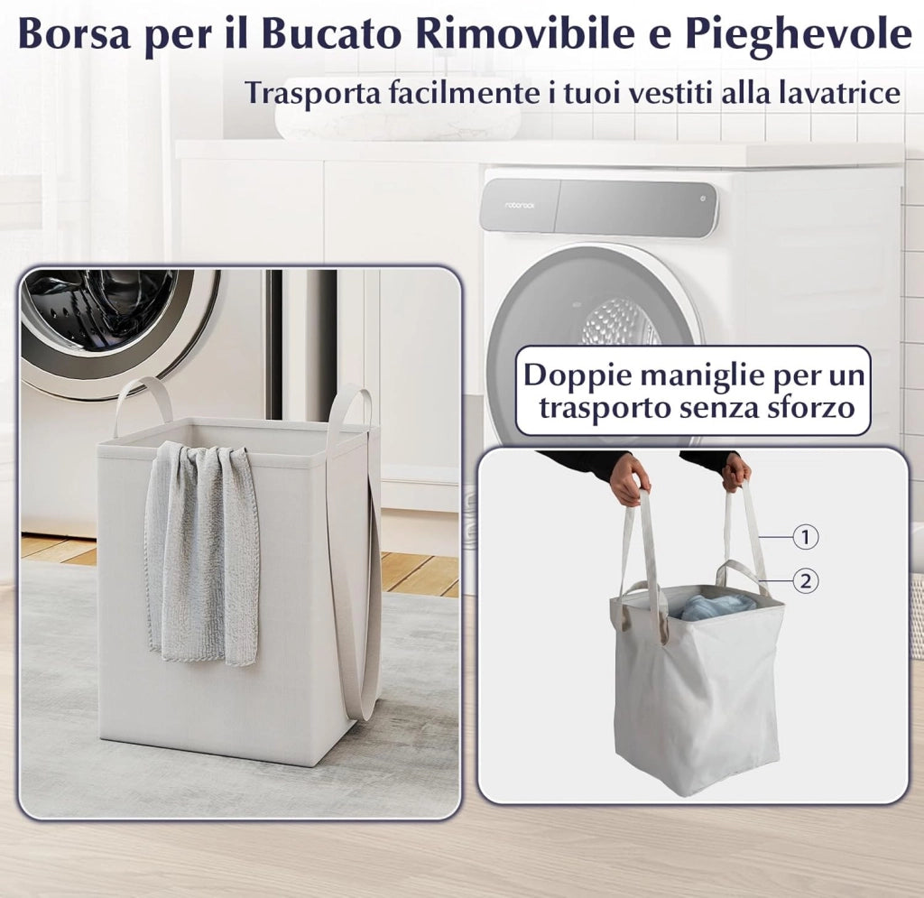 Mobiletto per Biancheria con 2 Cesti Ribaltabili, Mobile da Bagno Indipendente con Ripiano, 2 Cassetti e 2 Sacchi Porta Biancheria Rimovibili, Armadietto in Legno per Bucato (79 x 40 x 80 cm)