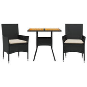 Set Pranzo da Giardino 3 pz | Set Salotto da Giardino con Cuscini Nero Polyrattan Acacia