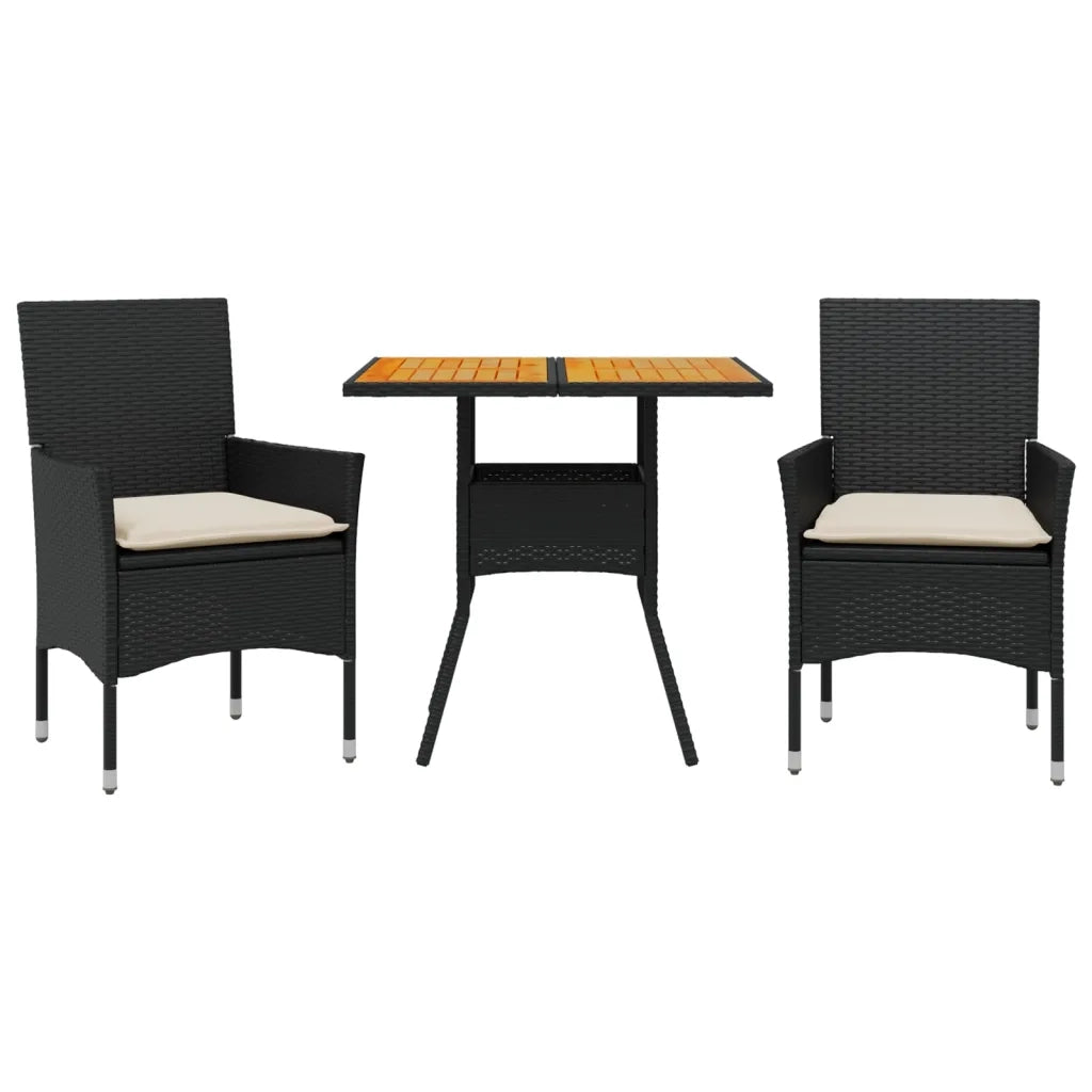 Set Pranzo da Giardino 3 pz | Set Salotto da Giardino con Cuscini Nero Polyrattan Acacia