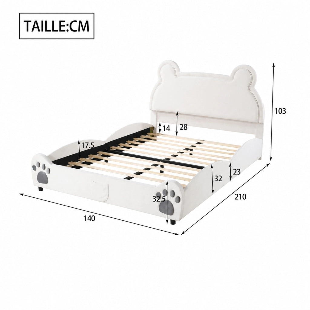 DESMIU Letto per bambini 140 × 200 cm 2 posti con testiera a forma di orso, senza materasso, imbottito, bianco