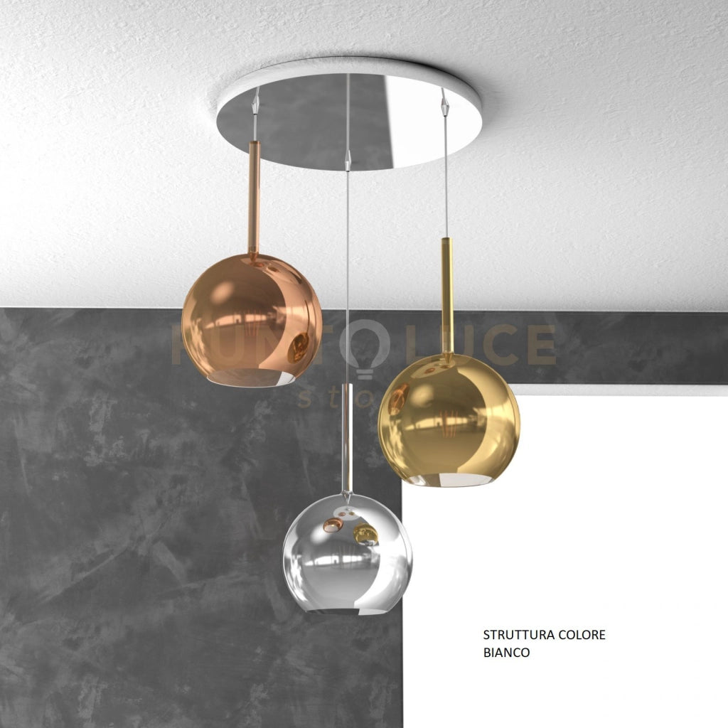 SOSP. BIANCO TONDA 3 LUCI VETRI TUTTI MEDIO CROMO ORO RAME 1155BI-S3 TM-MC