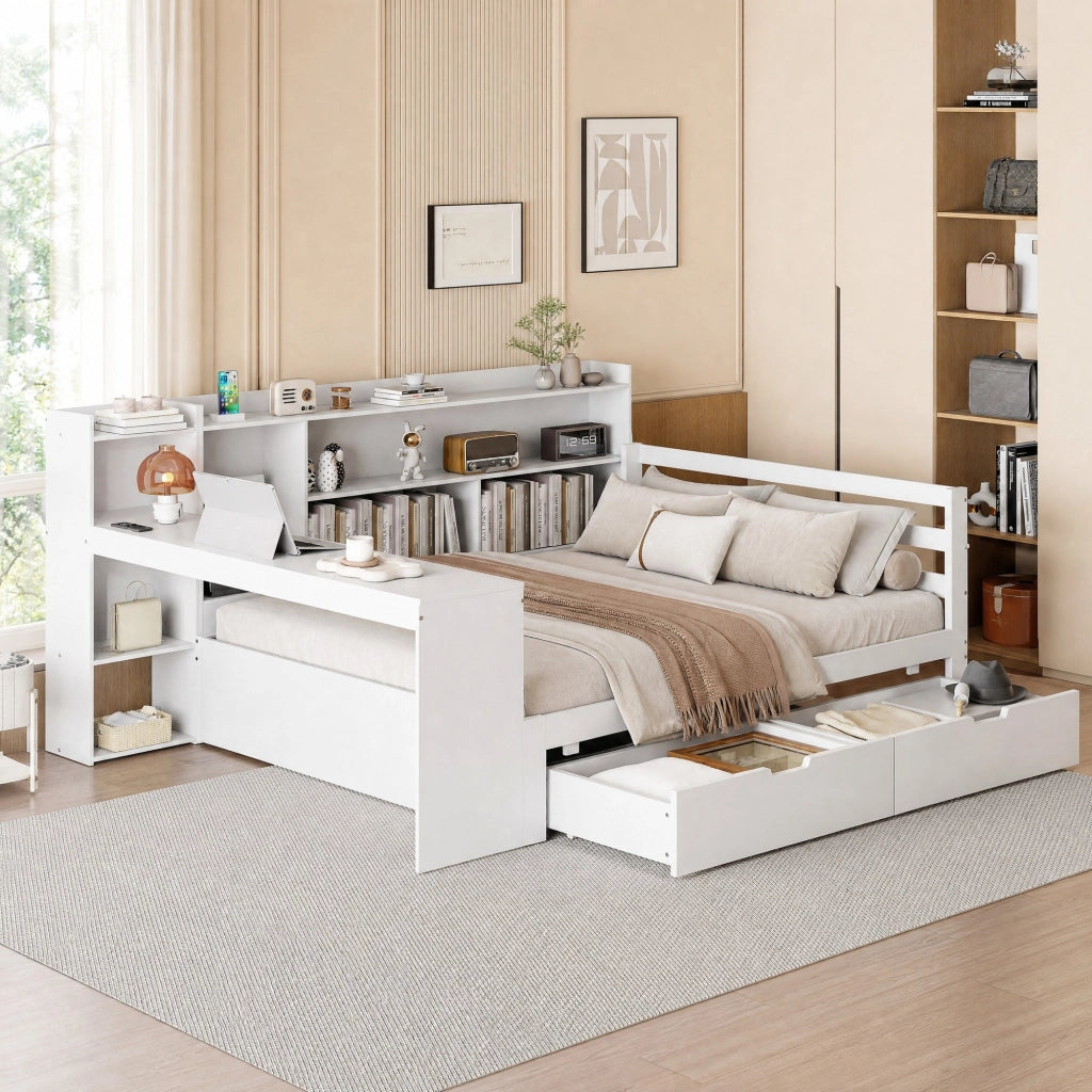 Divano letto multifunzionale con scrivania; libreria e prese USB; 140x200 cm; bianco