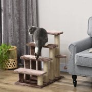 Tiragraffi per gatti con scala a 4 livelli piattaforma intermedia pallina in legno marrone 60 × 40 × 64 cm