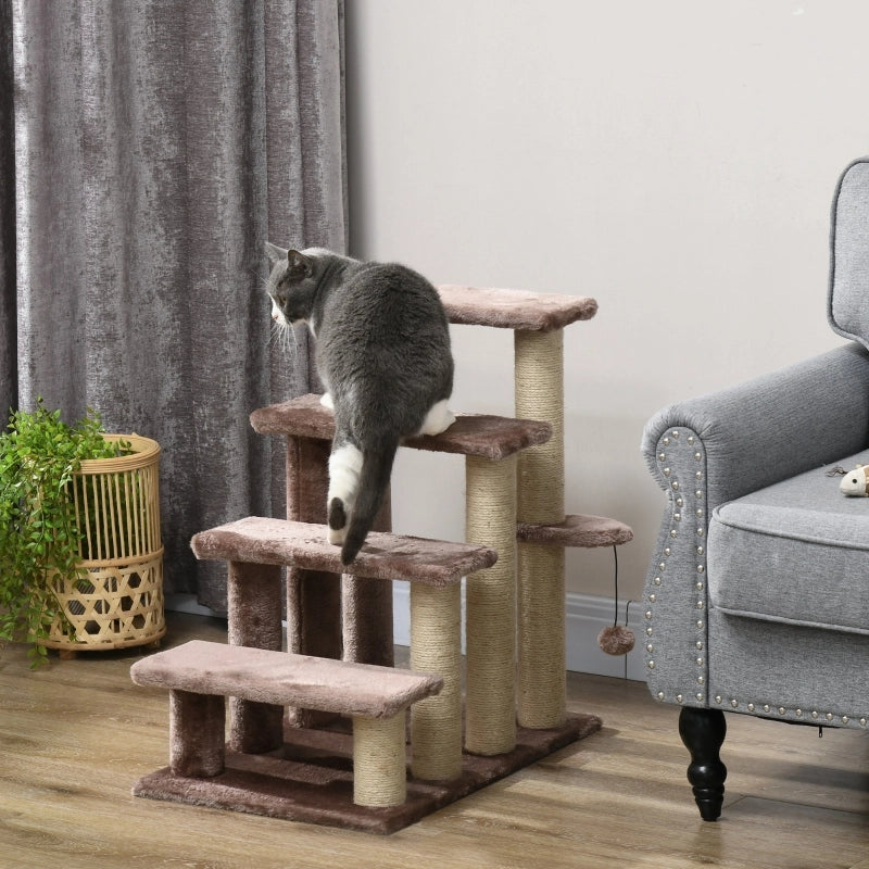 Tiragraffi per gatti con scala a 4 livelli piattaforma intermedia pallina in legno marrone 60 × 40 × 64 cm