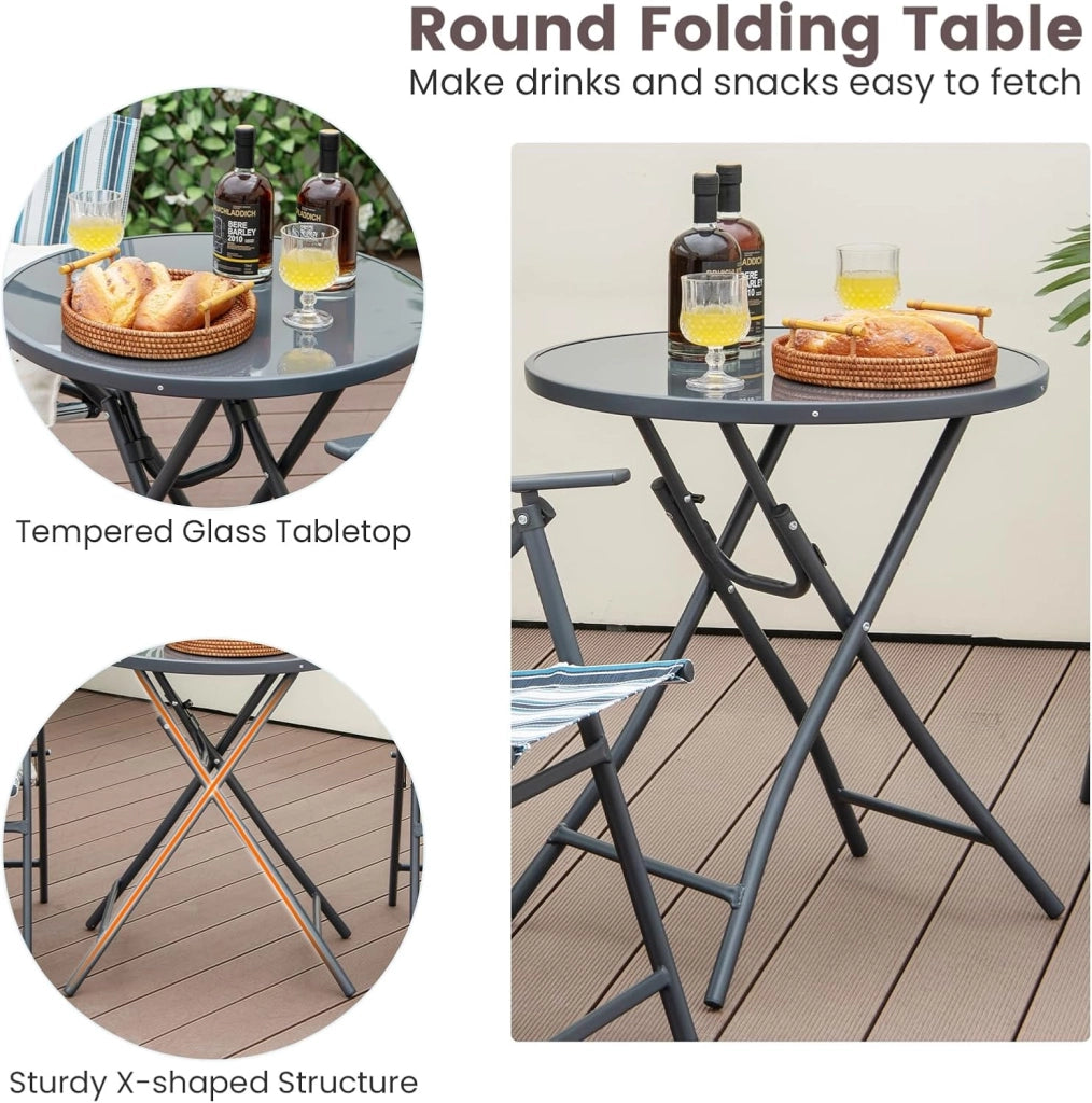 Set da balcone pieghevole da 3 pezzi, tavolo da bistrot con 2 sedie, set di mobili da giardino Teslin con tavolo rotondo e sedie pieghevoli, set di mobili da giardino per balcone cortile