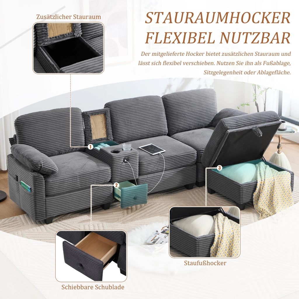 Divano con memory foam console scorrevole USB-C tasche laterali e pouf contenitore in velluto a coste grigio scuro