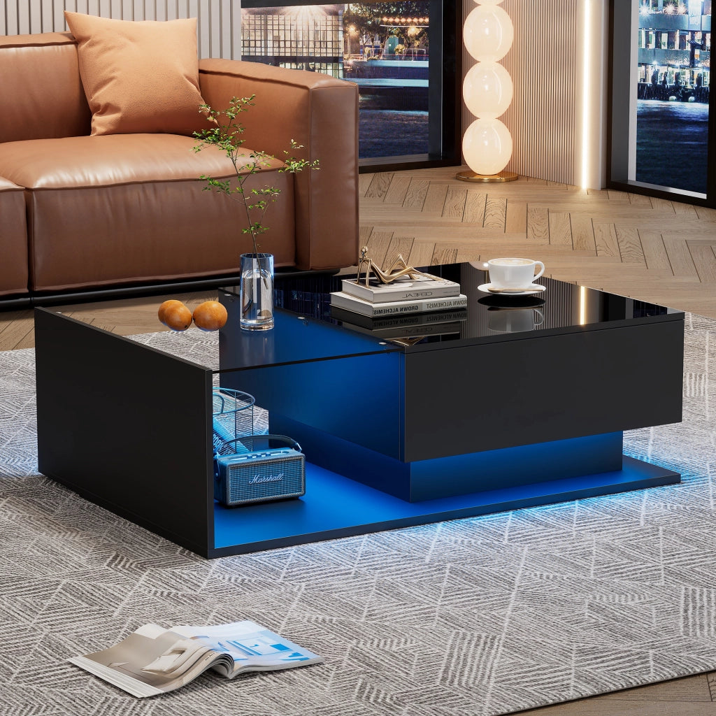 Tavolino da Caff¨¨ con LED e Cassetto ¨C Xylo ¨C Nero Lucido, Vetro Temperato, 100x50x32