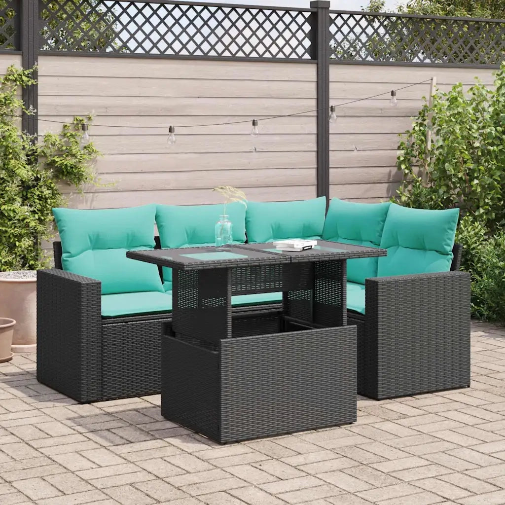 Set Divani da Giardino 5 pz con Cuscini Nero Polyrattan Acacia