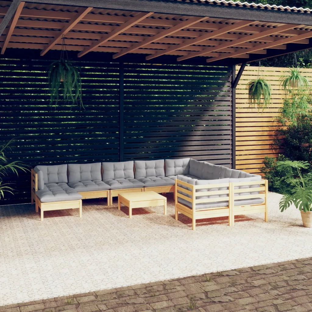 Set Divani da Giardino 11 pz con Cuscini Grigi Massello di Pino 3097036