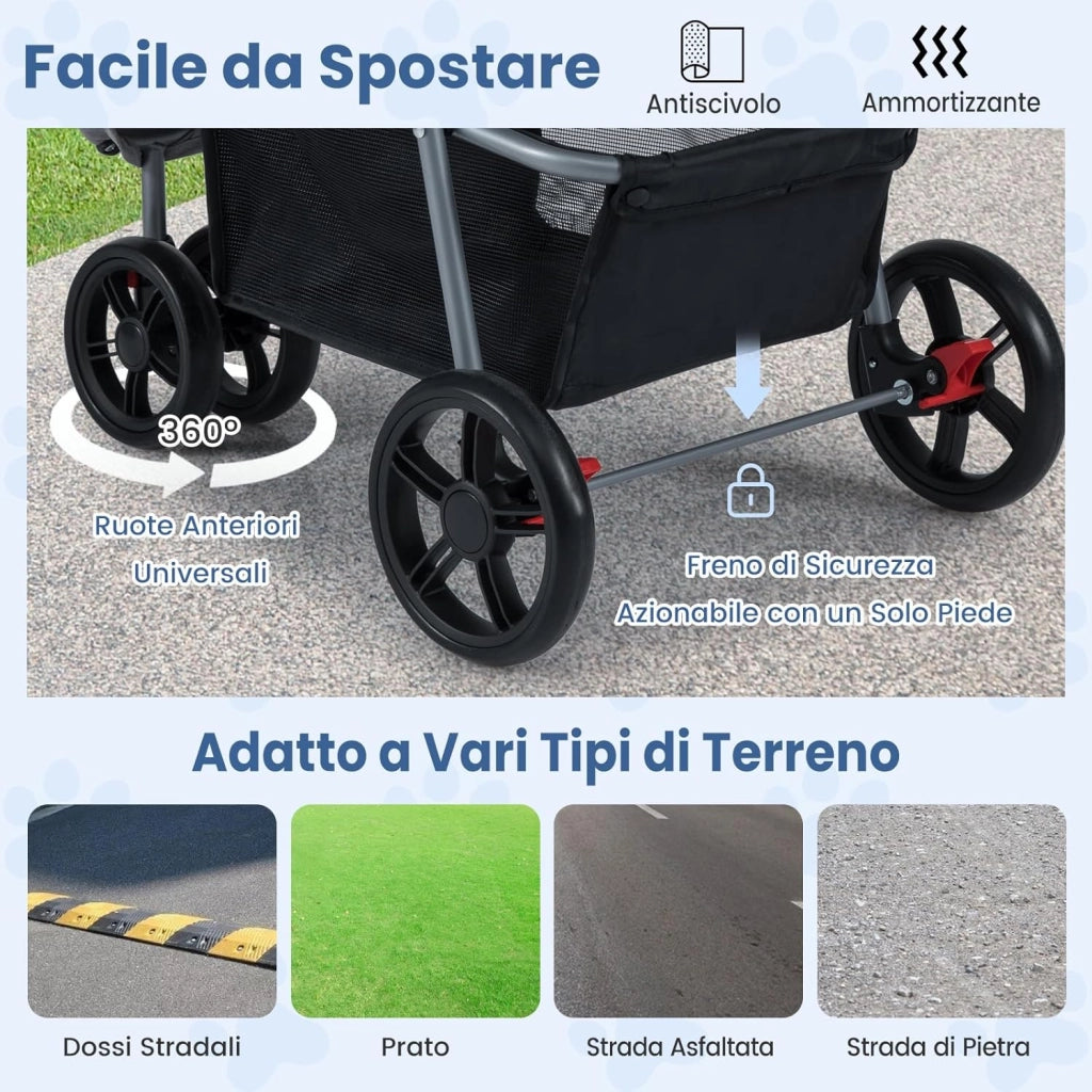 2 in 1 Passeggino per Cani, Carrozzina per Cani Pieghevole Facile con Portata Massima di 15 kg, 4 Ruote, Tetto Regolabile, Cuscino Rimovibile e Cestino Portaoggetti (Blu)