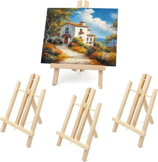 Display per opsteek van op kunstwerken, schilderijen e hobby con treppiede in legno naturale da 30cm.