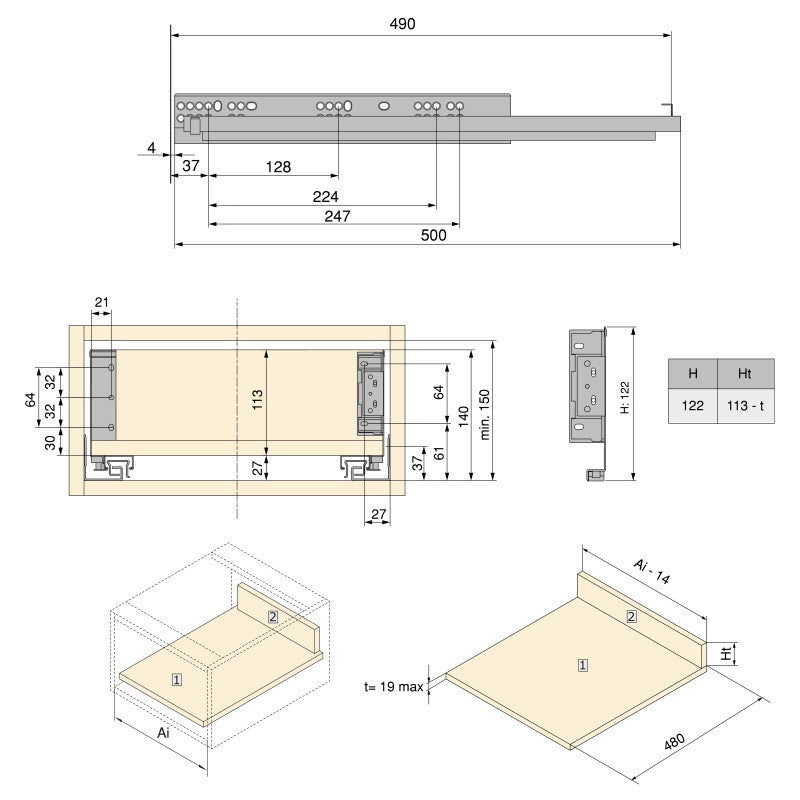 Cassetto esterno Simplex 25 kg, altezza 122 mm, profondità 490 mm, Acciaio, Grigio antracite