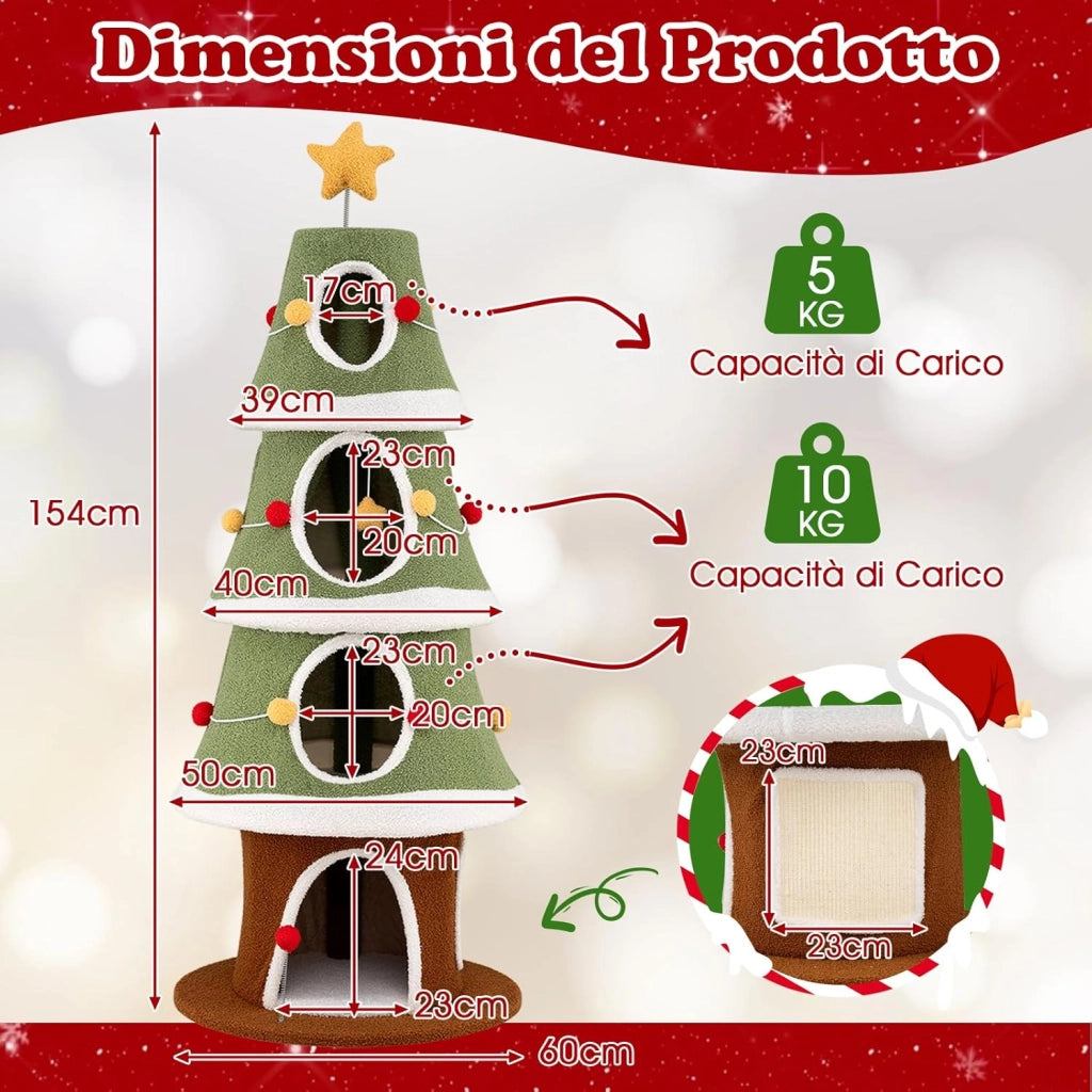 Albero di Natale per Gatti da Interno, Tiragraffi per Gatti Alta 154 cm con 4 Condomini, Pallina Pendete, Giocattolo a Molla e Stella in Cima, Mobile per Animali per Decorazioni Natalizie