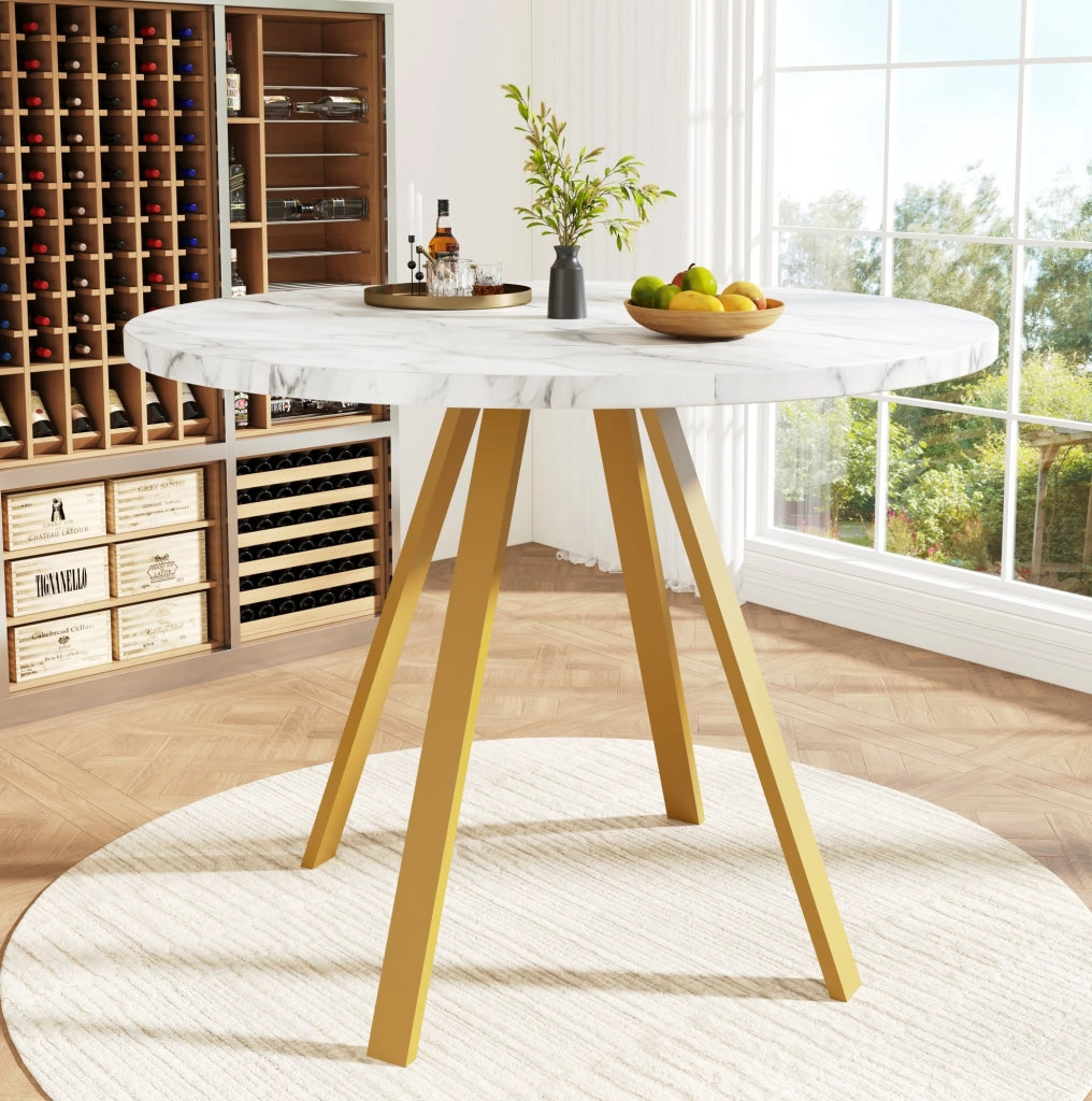 Tavolo da pranzo rotondo 80x80x75 cm; MDF e metallo bianco oro