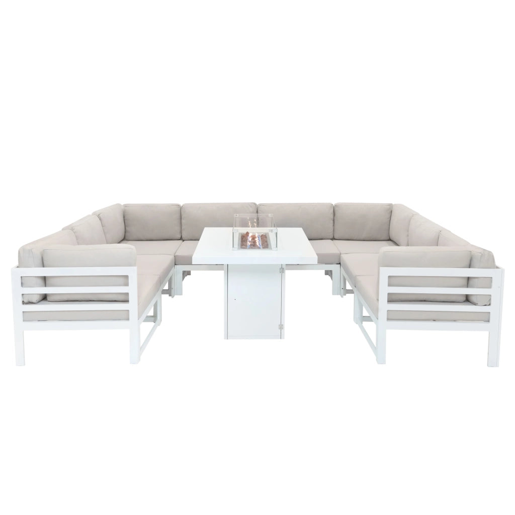 Set da Giardino Modulabile Bianco 9 Pezzi con Divano, Tavolo e Braciere da Esterno