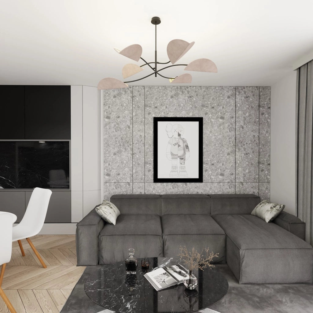 Lampada a sospensione Lotus in acciaio nero e velluto grigio
