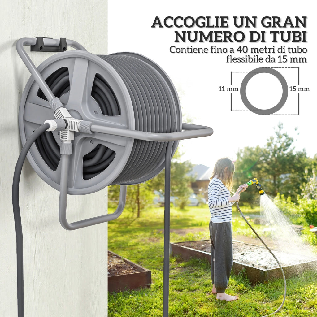 Avvolgitubo da Giardino a Parete e Autoportante per 40m di Tubo con Manovella, Grigio