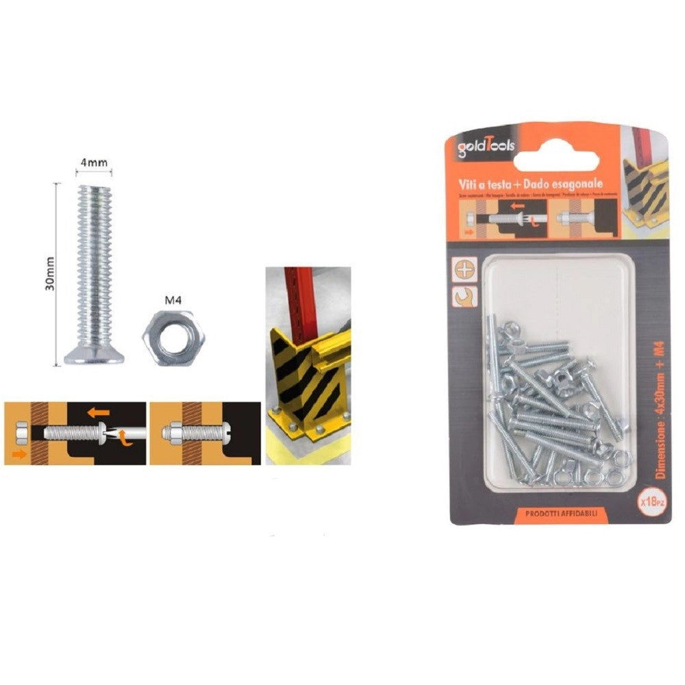 Trade Shop - Set 18 Pezzi Viti Vite A Testa A Croce Piatta 4x30mm Con Dado Esagonale M4 90936 -