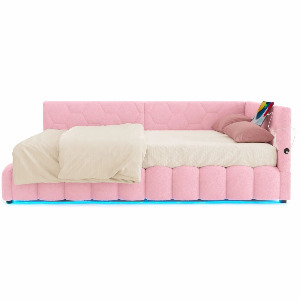 Letto da giorno 90x200 cm con rete a doghe; sollevamento idraulico; LED; USB e Tipo-C; rosa