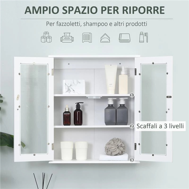 ARMADIETTO PENSILE BAGNO A 2 ANTE IN LEGNO E VETRO CON RIPIANO REGOLABILE, 55X20X65 CM, BIANCO