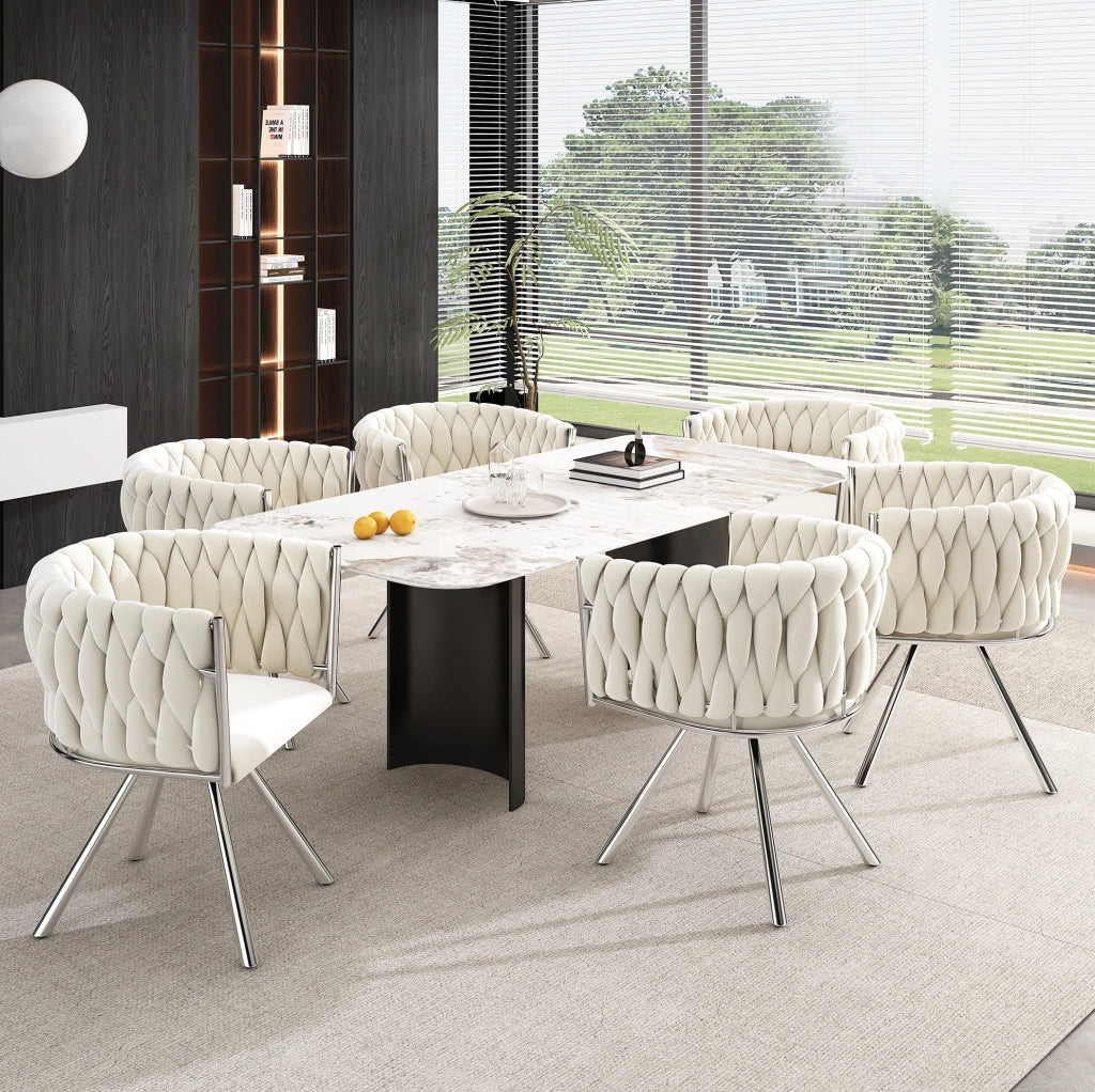 Coppia di sedie da pranzo girevoli in velluto beige e argento