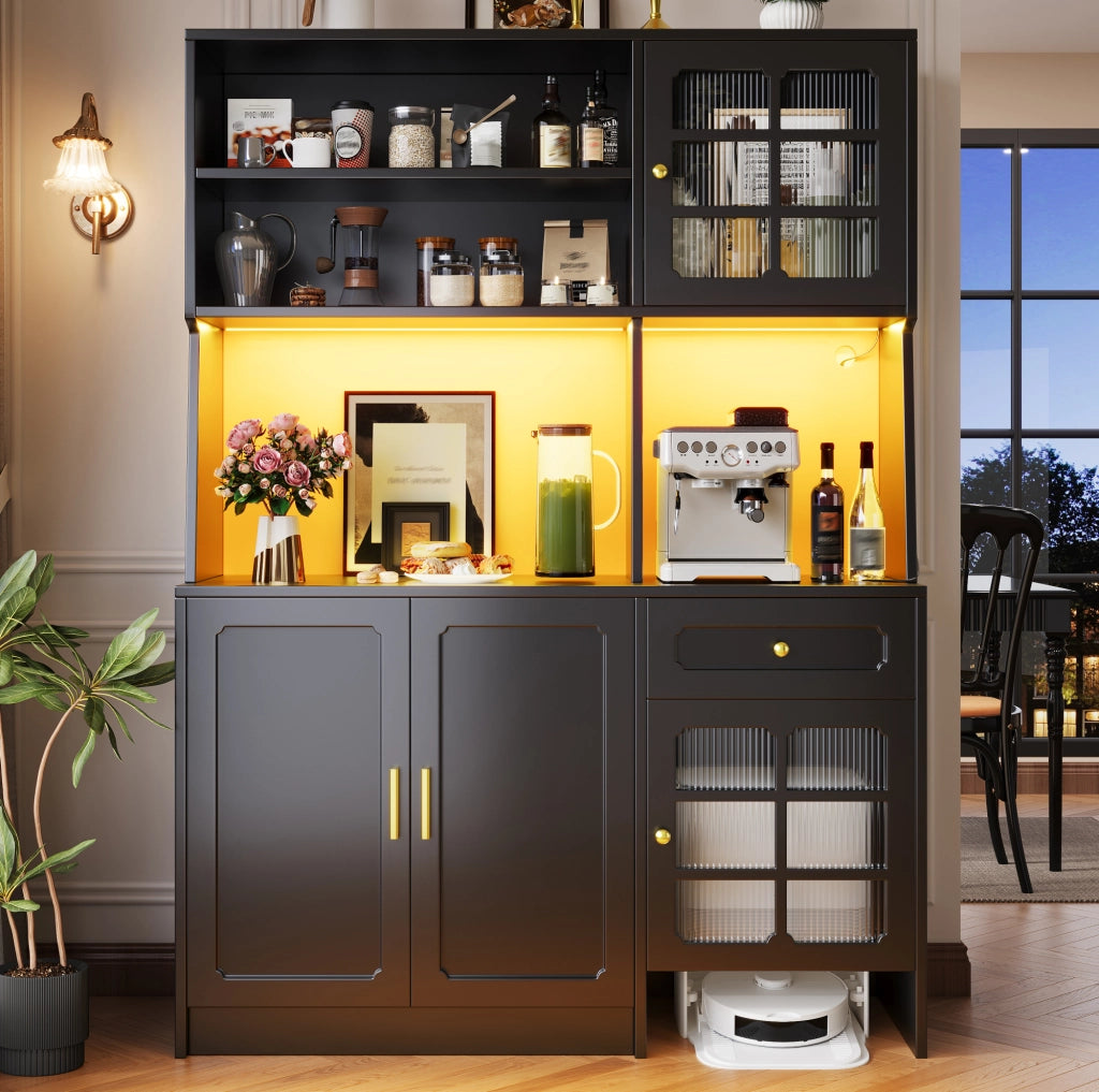 Mobile da cucina alto 130x45x180 cm in MDF nero con contenitore e LED