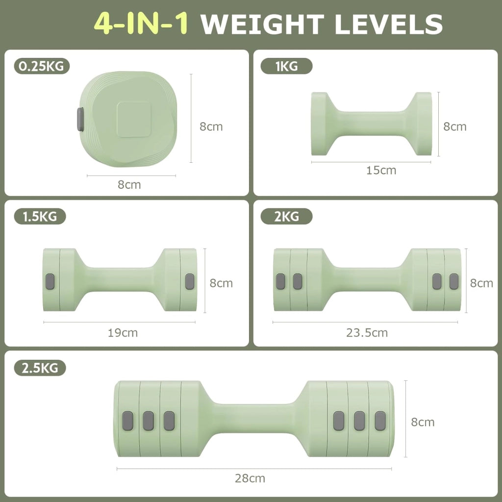 Set di 2 manubri regolabili 2 in 1, per donne e uomini, 4 livelli di peso con adattatore kettlebell, set di manubri per casa (Verde)