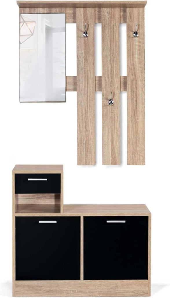 Mobile da ingresso, appendiabiti con specchio, design in legno faggio e ante nero PAULIN