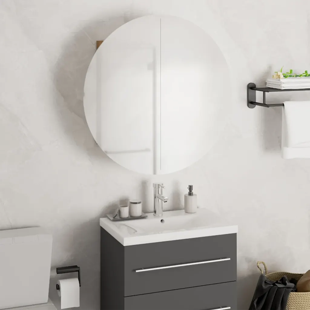 Armadio da Bagno con Specchio Rotondo e LED Rovere 47x47x17,5cm 345586