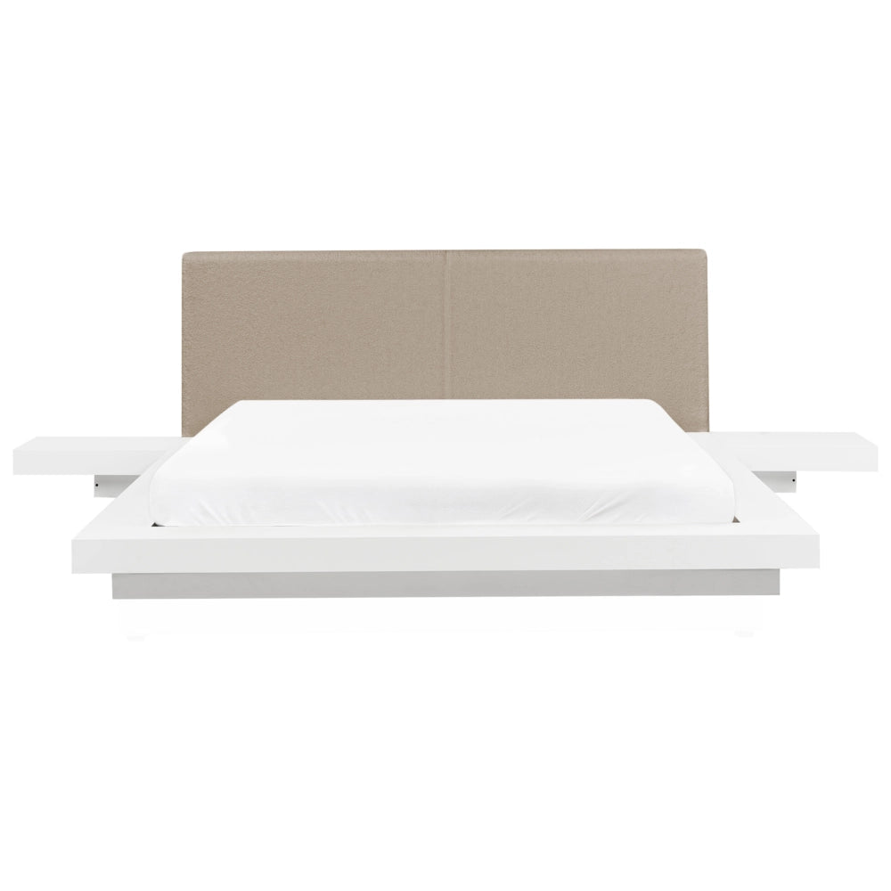 Letto matrimoniale ad acqua moderno con piattaforma comodini testata in legno bianco bouclé tortora 160 x 200 cm stile giapponese