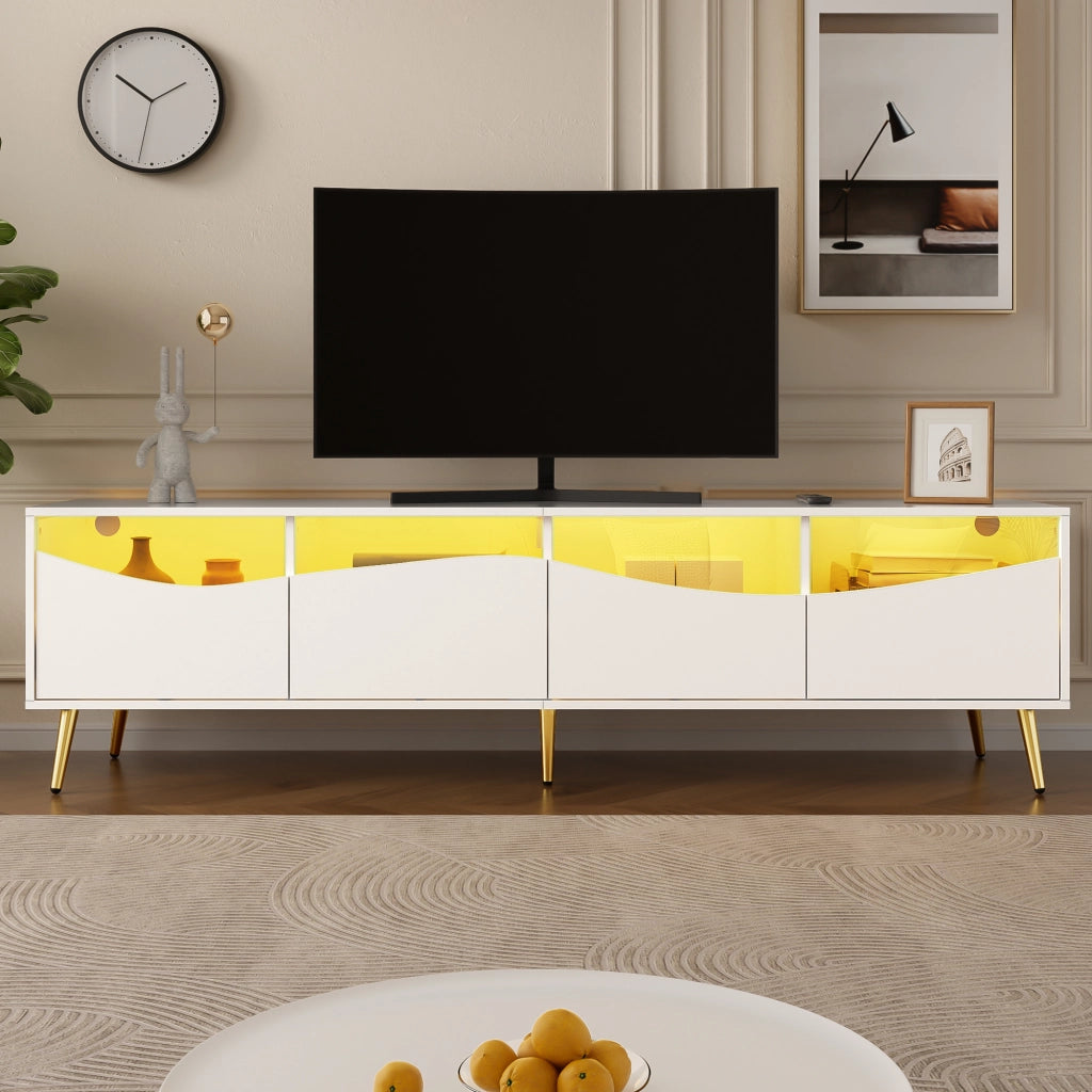 OKWISH Mobile TV con Vani Contenitori, LED e Passacavi, Frontali in Vetro, per Soggiorno, MDF, Bianco, 180 x 40 x 50 cm