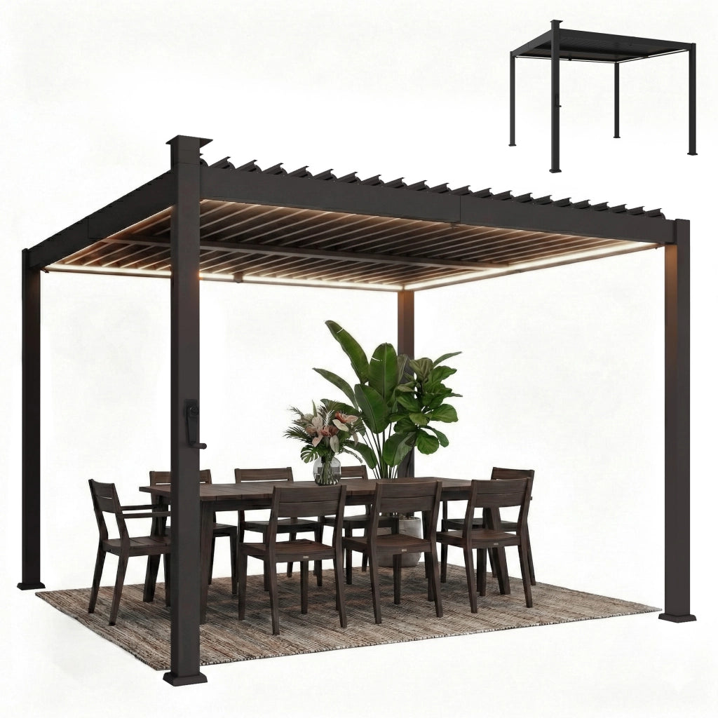 Pergola bioclimatica 3x3m con luci LED solari e grondaie ¨C zephmum ¨C nero