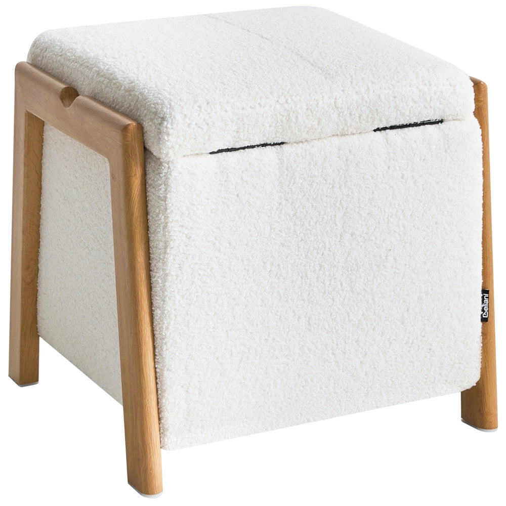 Pouf rivestito in tessuto bouclè bianco con contenitore Accessorio Soggiorno Camera da letto Glam Retrò