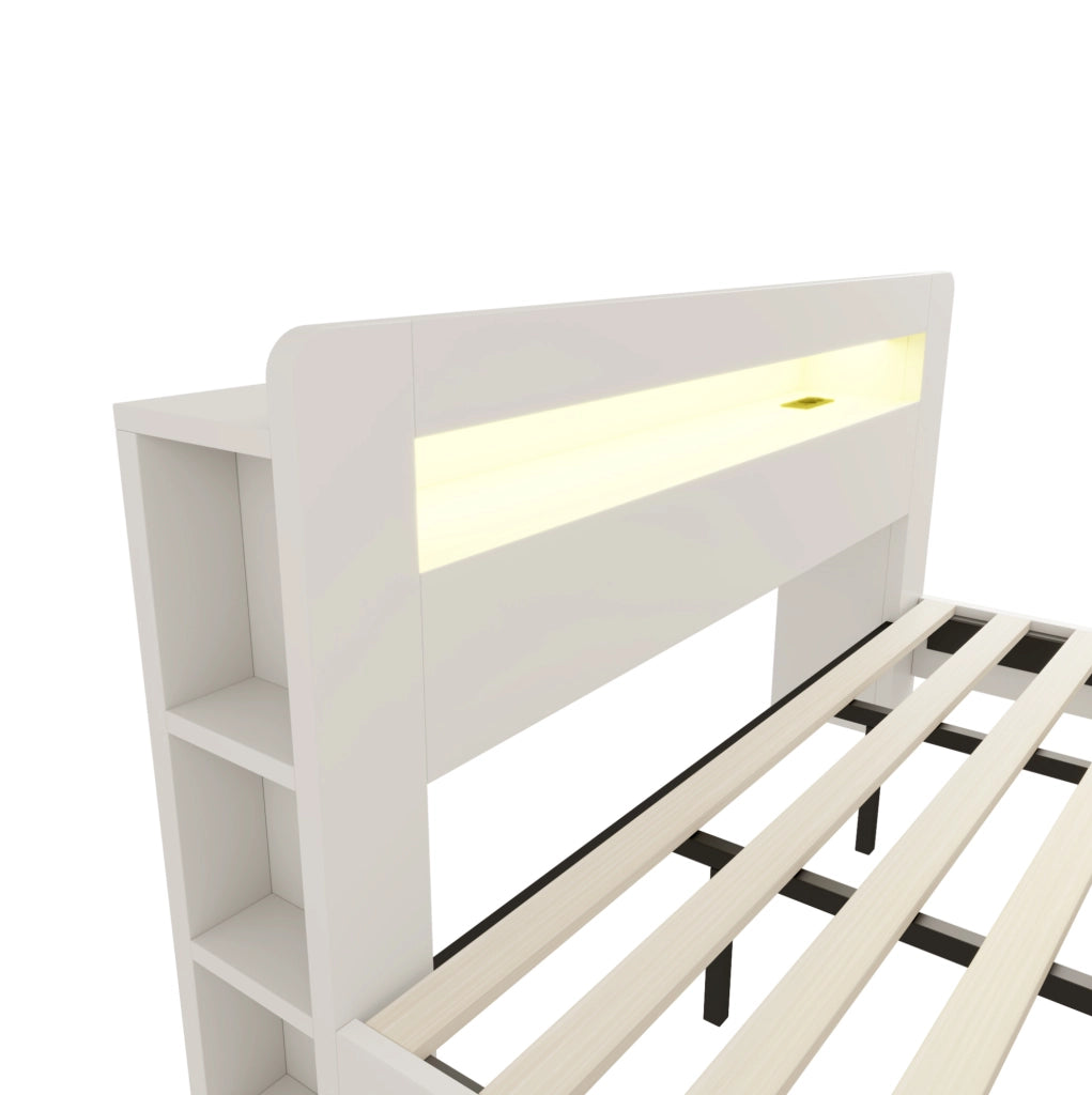 Letto matrimoniale 180x200 cm in legno bianco con testiera portaoggetti; LED e prese integrate