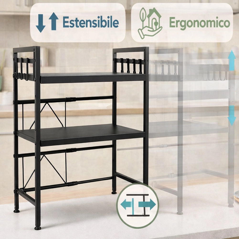 Scaffale Porta Microonde Allungabile 2 Ripiani Mensola da Cucina in Metallo Nero