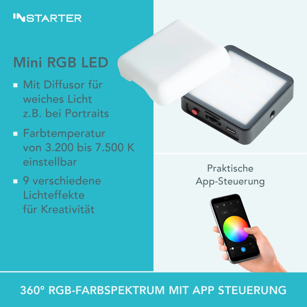 Instarter Mini LED RGB Luce per smartphone, fotocamera, fotografia, videochiamate, streaming, temperatura di colore 3200-7500K