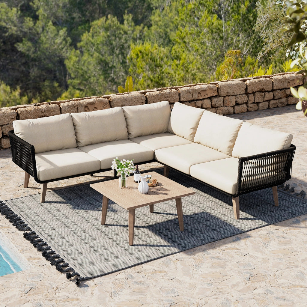 Set Divano da Giardino con Tavolo ¨C MINIMAL ¨C Tessuto Olefin, Beige e Nero