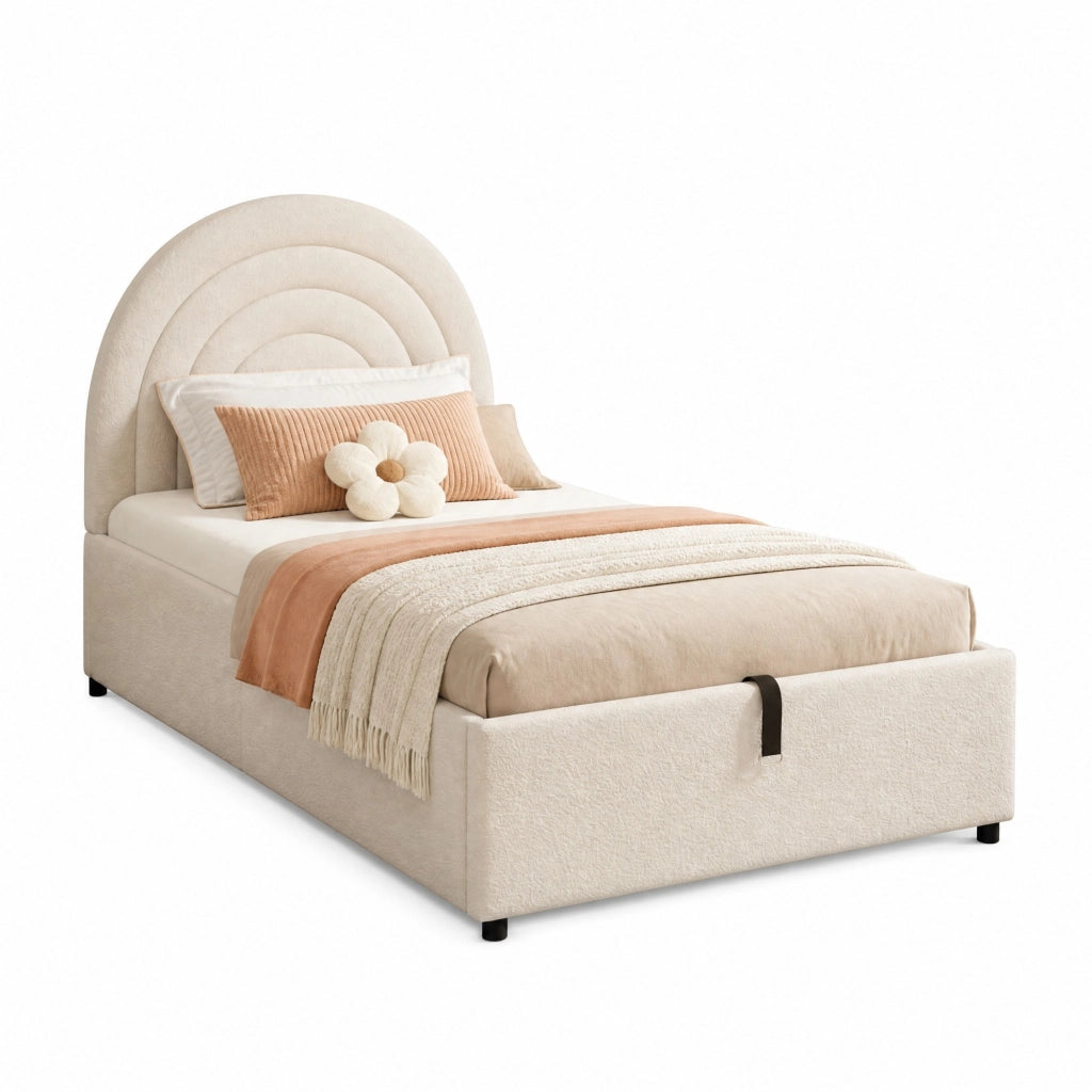 Letto singolo imbottito con contenitore idraulico 90x200 cm in tessuto bouclé beige