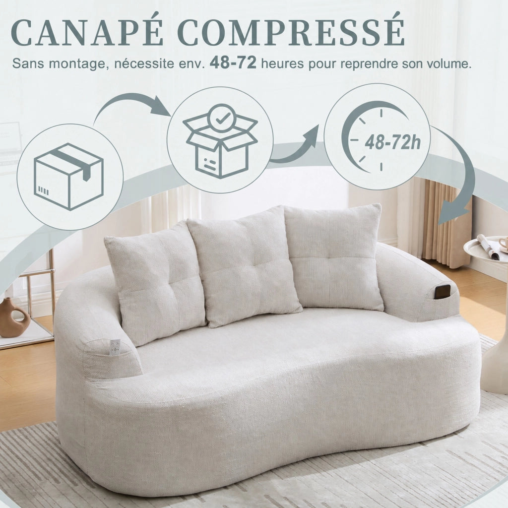 Divano a 2 posti in chenille con molle insacchettate e schiuma compressa senza montaggio beige 164 × 92 × 60 cm