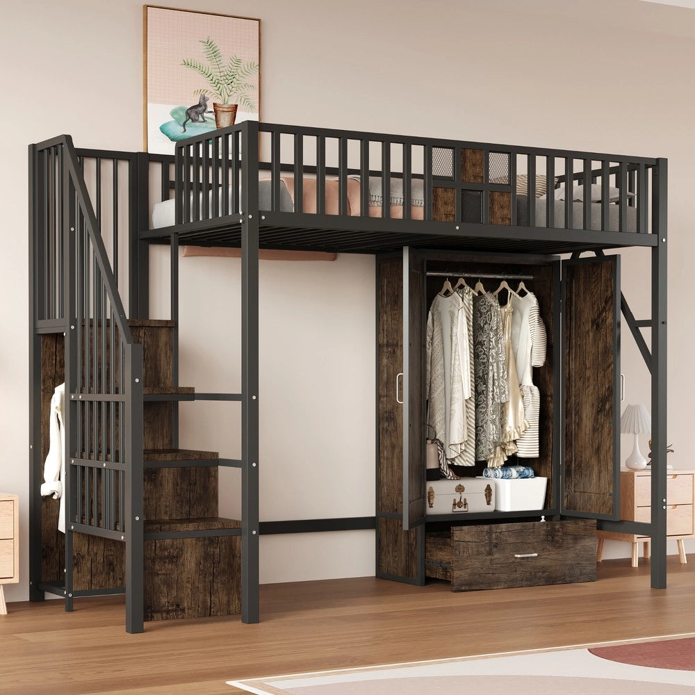 Letto a Soppalco in Metallo e Legno con Armadio, Cassetti e Scaletta ¨C MINIMAL ¨C Nero 90x200