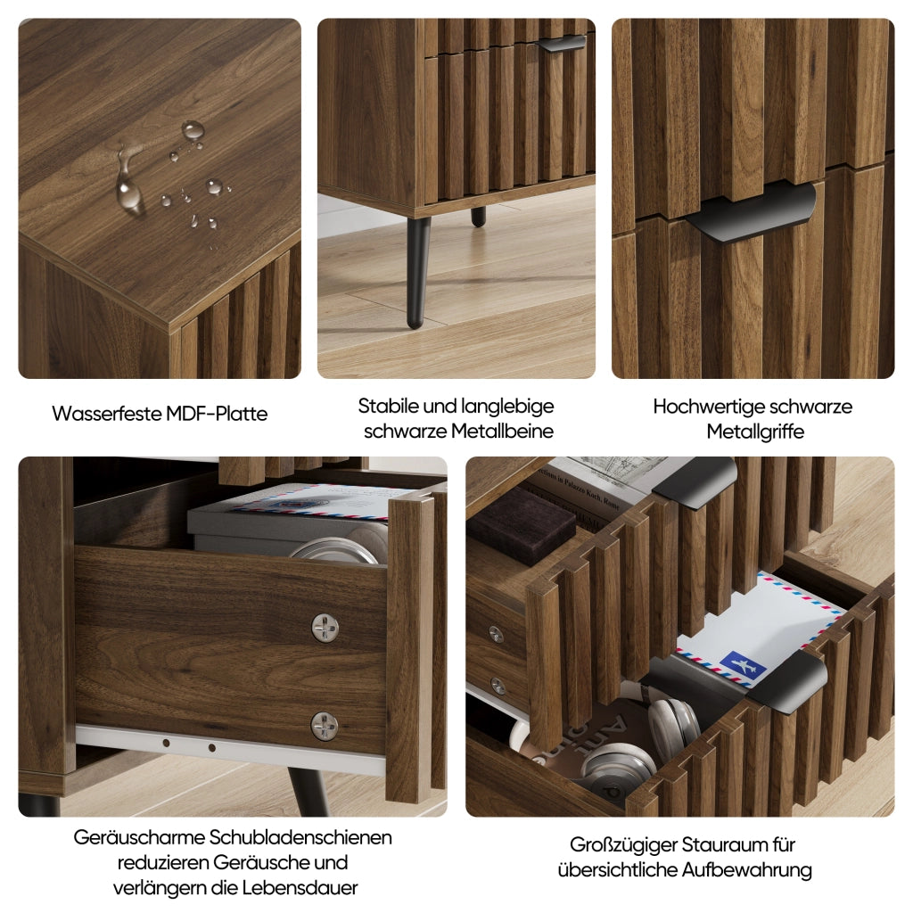 Comodino con 2 cassetti e ripiano; design incassato - per camera da letto - in MDF - 45×40×53 cm - noce