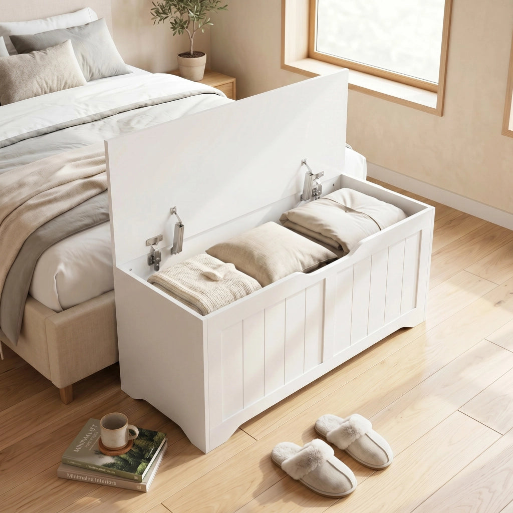 Panca Contenitore 100x40x45 cm Capacità 136L con Coperchio Sollevabile in Legno Bianca