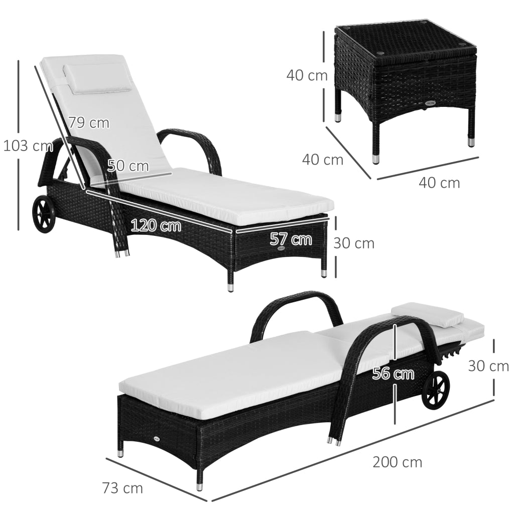 EasyComfort Set da Giardino con 2 Sedie a Sdraio con Schienale Reclinabile e Tavolino Basso in Rattan PE, Nero
