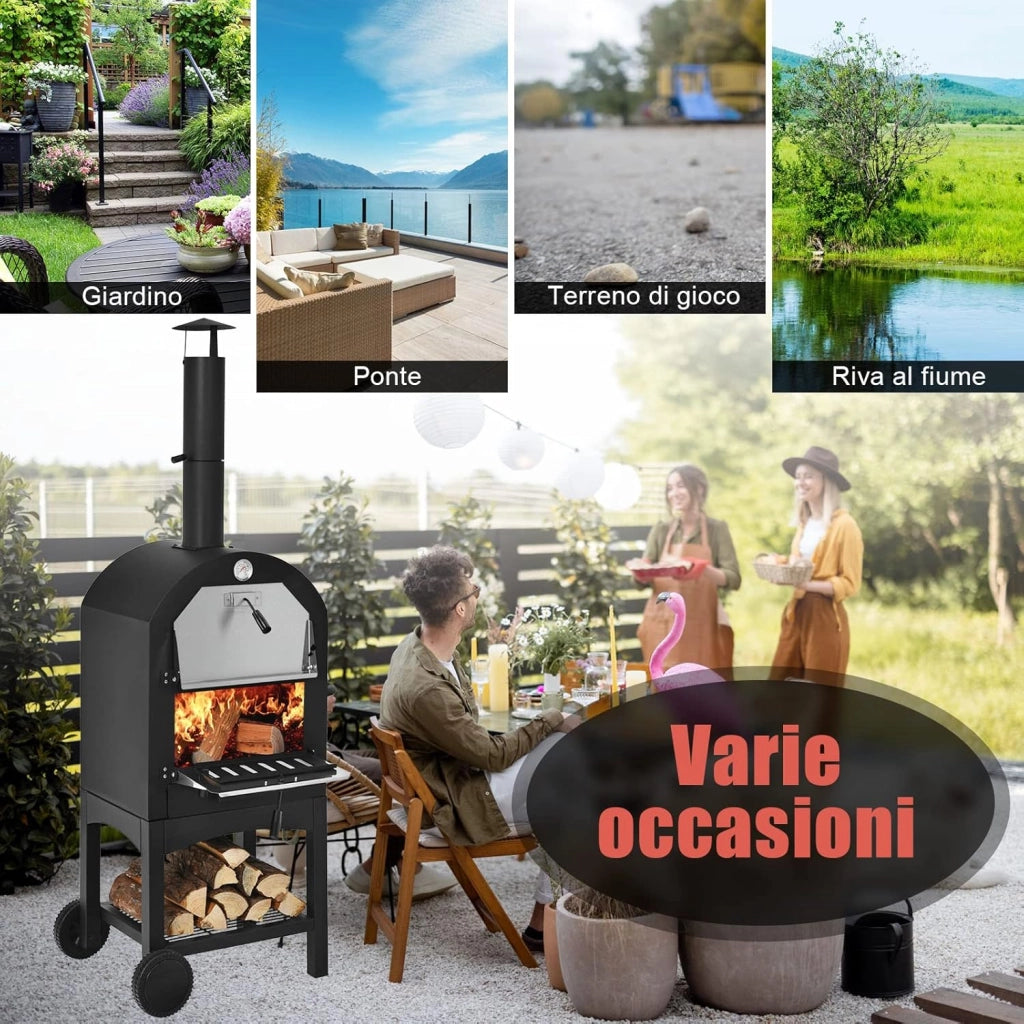 Forno per Pizza da Esterno con Ruote, Forno a Legna da Esterno con Copertura Protettiva, Pala per Pizza, Griglie e Pietra per Pizza, per BBQ, Campeggio e Festa (Modello 5)