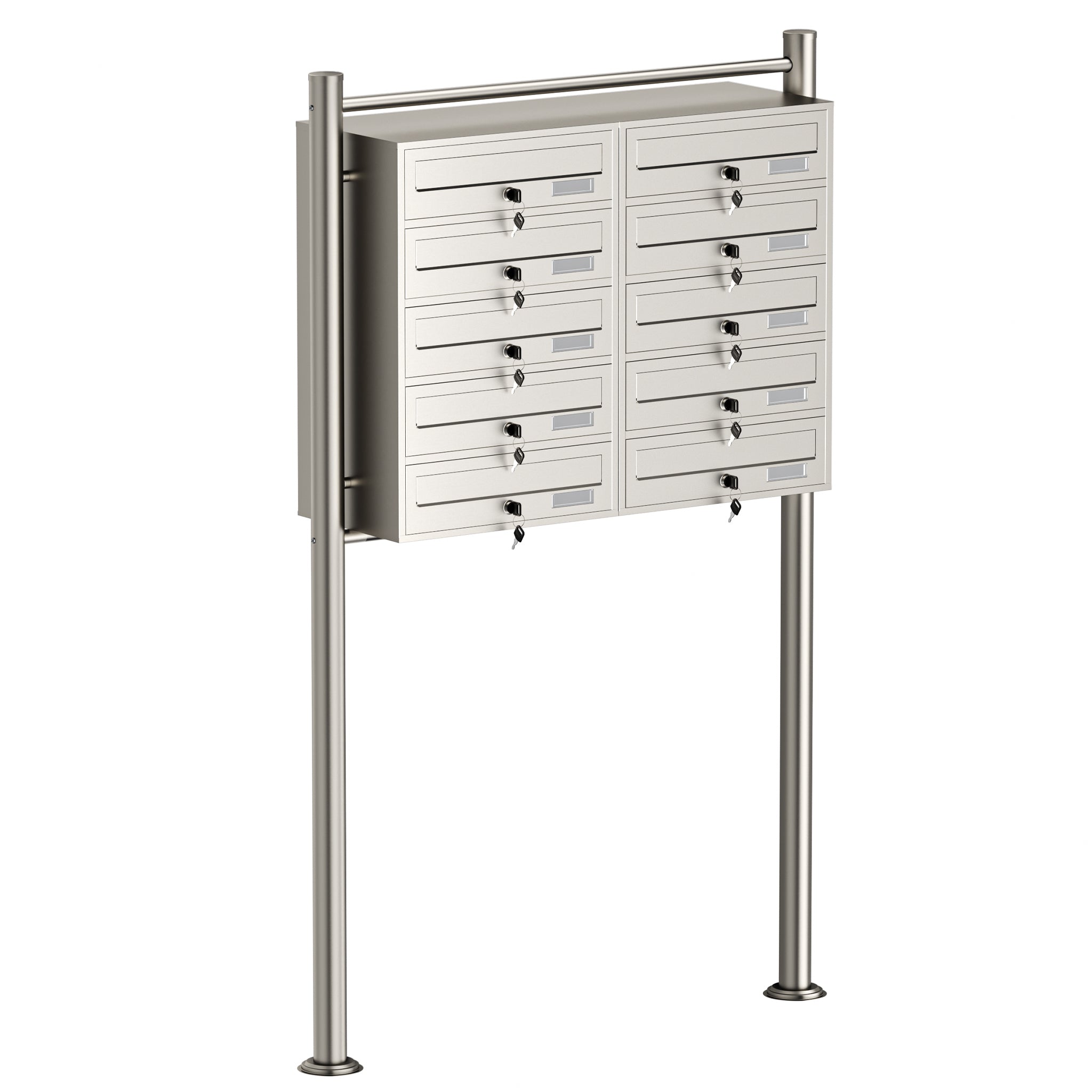 Cassetta postale condominiale autoportante, 10 posti, acciaio inox, 945 x 270 x 1500 mm, 2 moduli