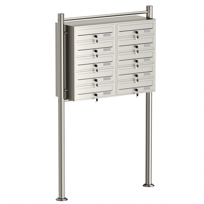 Cassetta postale condominiale autoportante, 10 posti, acciaio inox, 945 x 270 x 1500 mm, 2 moduli