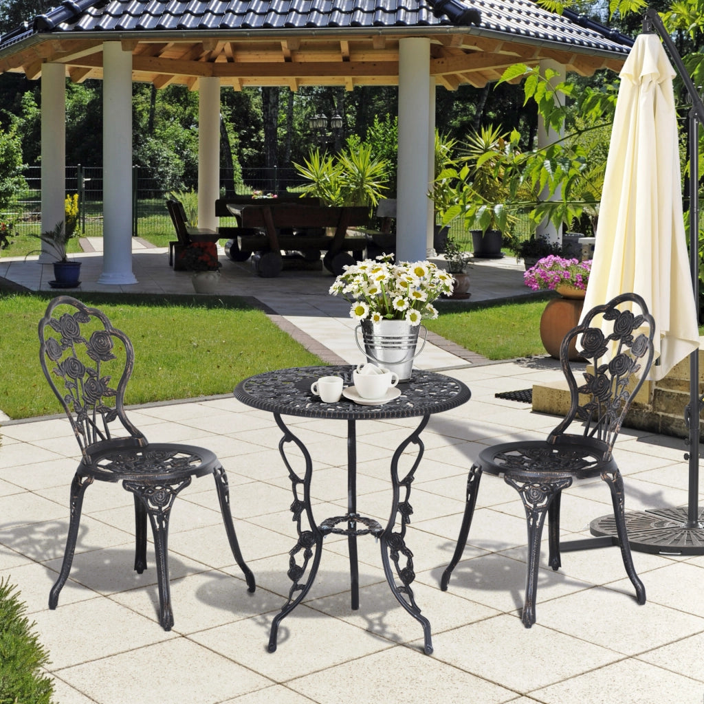 OKWISH Set Bistrot da Giardino 3 Pezzi con Tavolo e 2 Sedie, Foro per Ombrellone, Metallo Bronzo