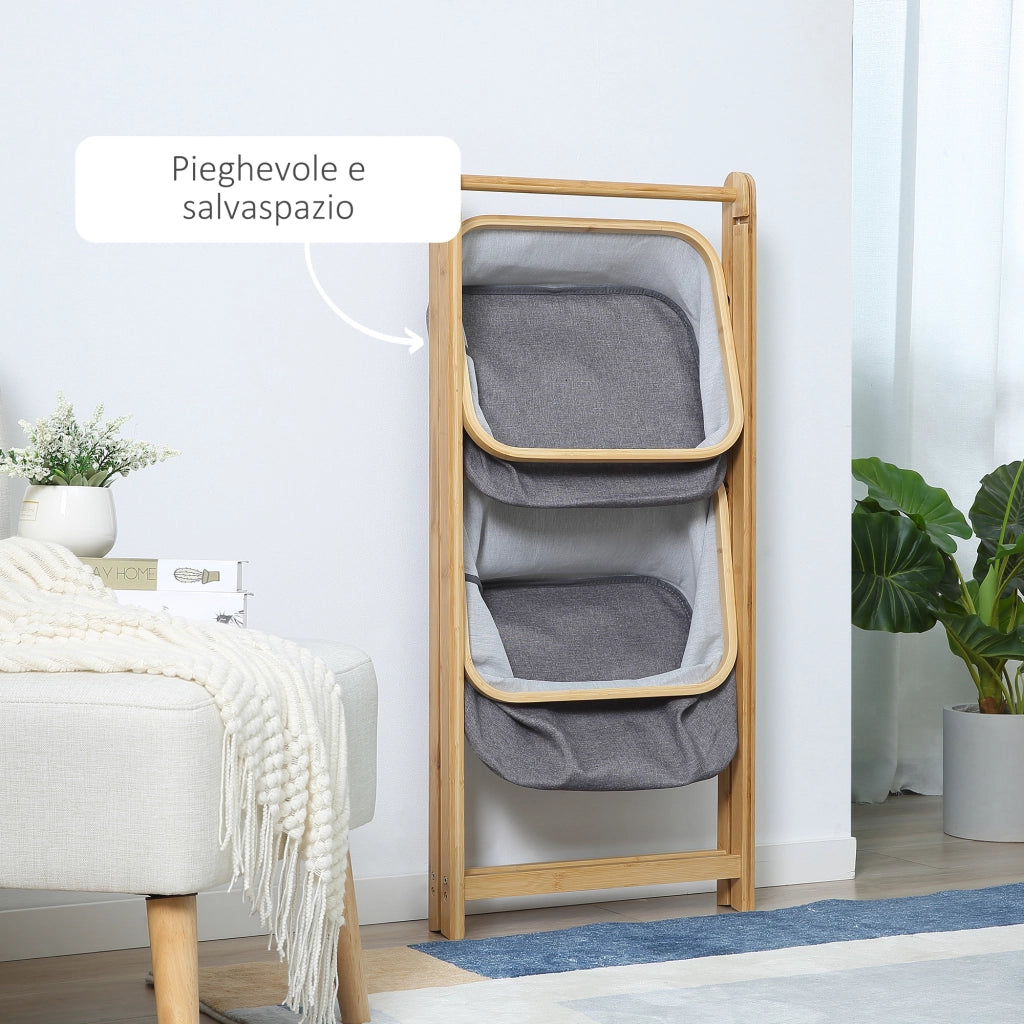 Easycomfort Mobile Bagno Pieghevole in Bambù con 2 Cassetti in Tessuto Poliestere Grigio, 45x35x98cm
